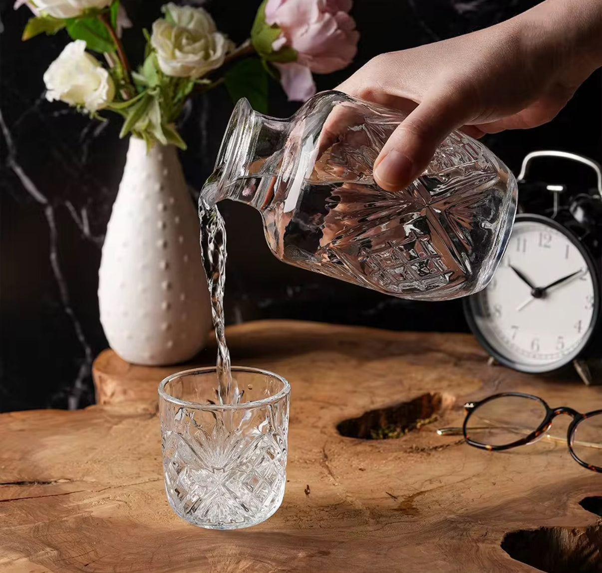 Bedside night glass carafe 2 piece set (pitcher 525ml +cup)