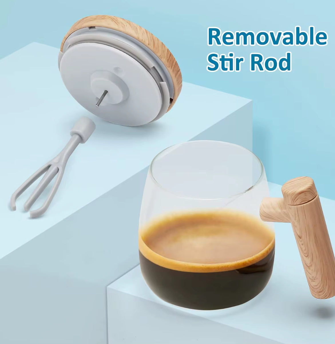 Potable electronic rechargeable self stirring glass coffee cup with wood print lid