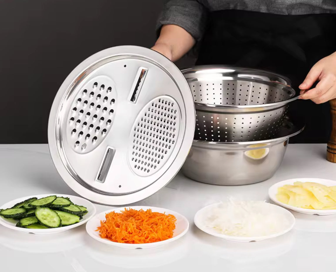 Stainless steel vegetable cutter with drain basket washing bowl 3 in 1