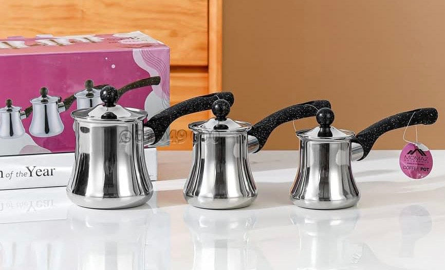 Stainless steel coffee pot with black handle and lid set of 3 (250-350-550ml)