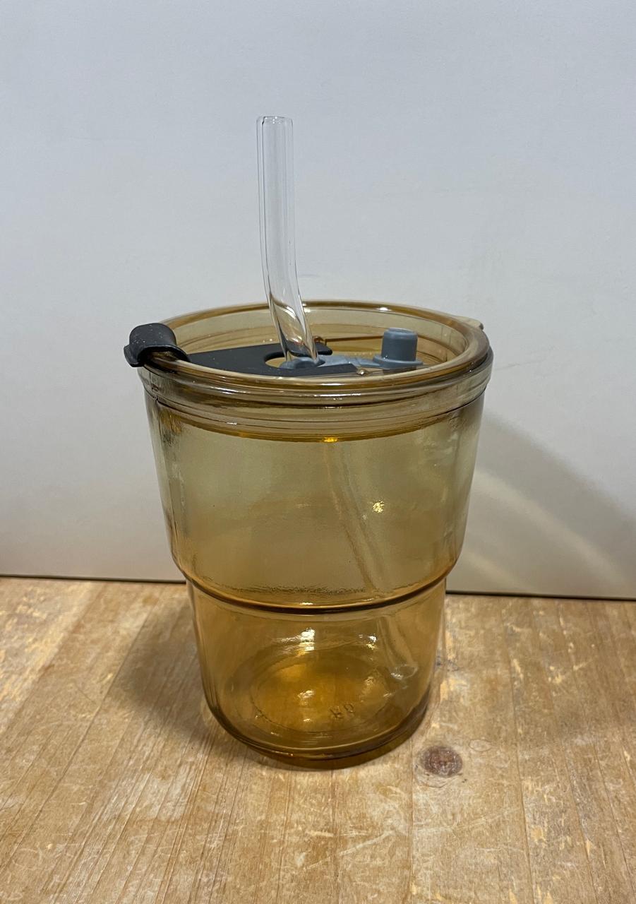 Glass mug with glass straw and lid