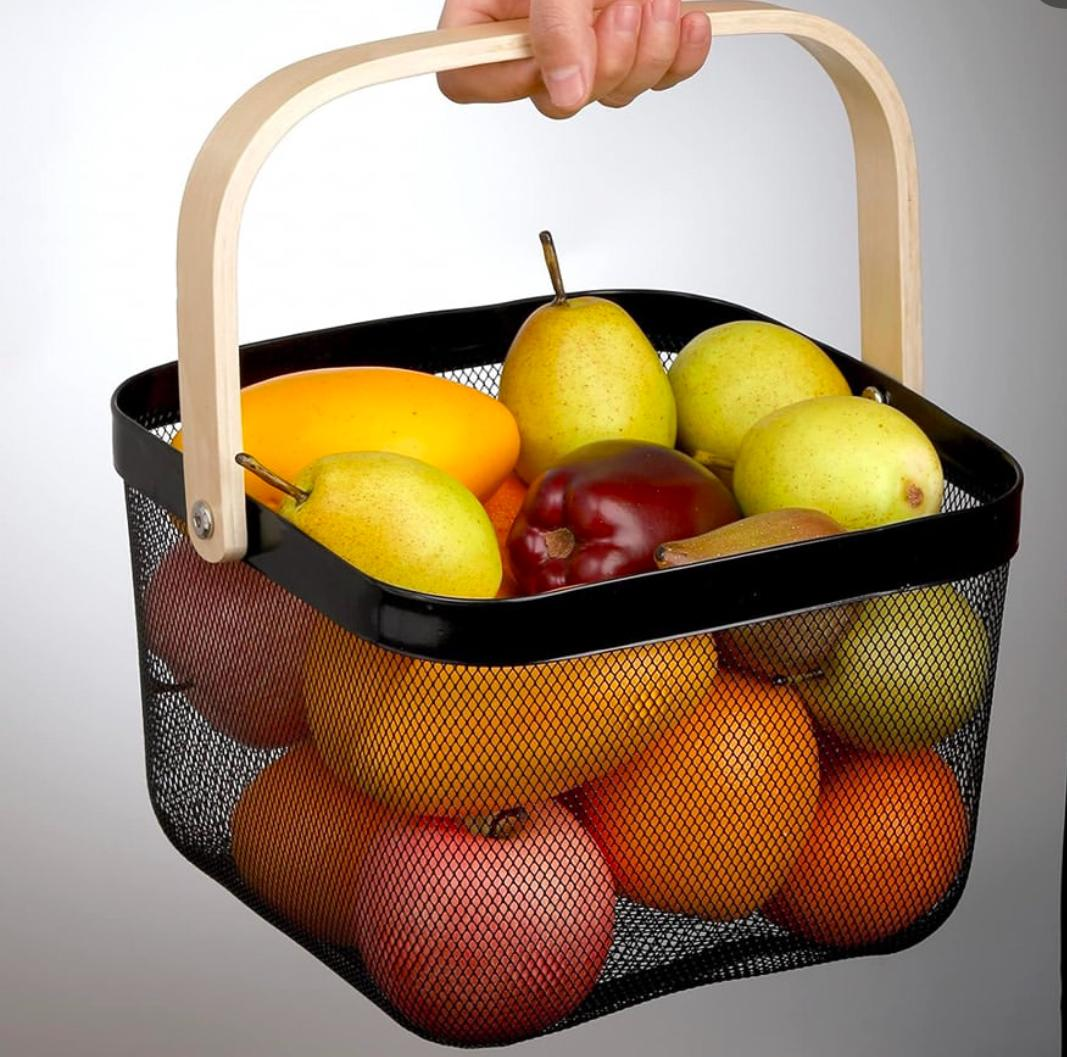 Square metal fruit basket with wood handle