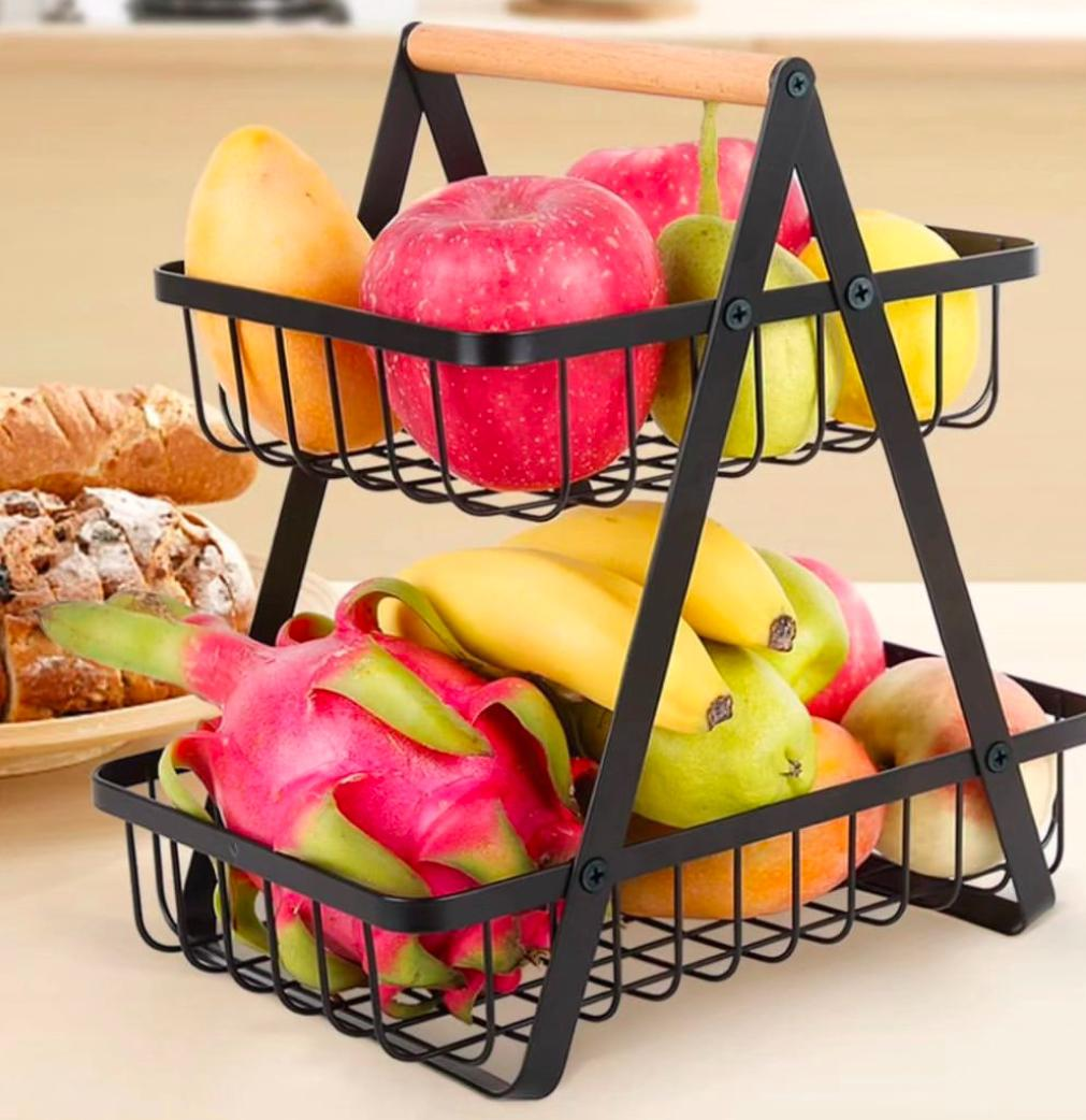 Metal countertop storage racks (2 baskets) with wood handle