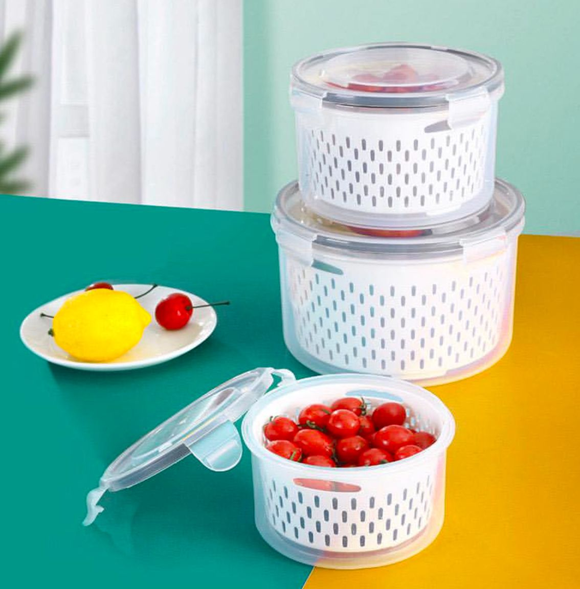 Double layer storage box set of 3 with strainers