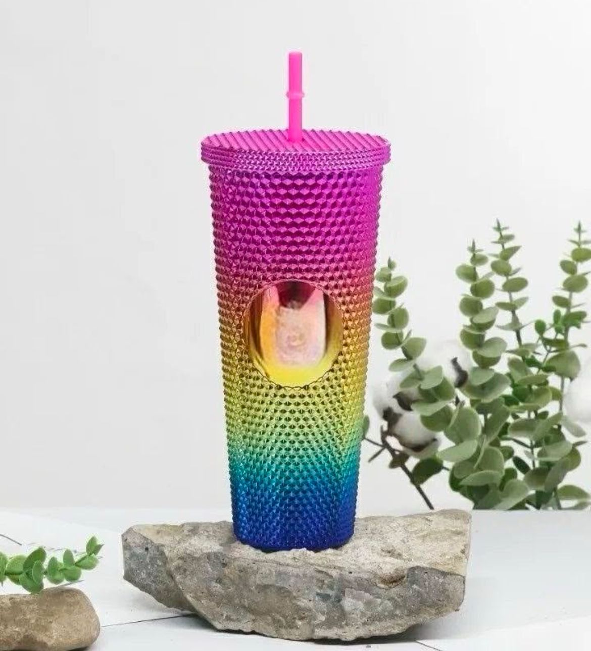 Long plastic mug with straw
