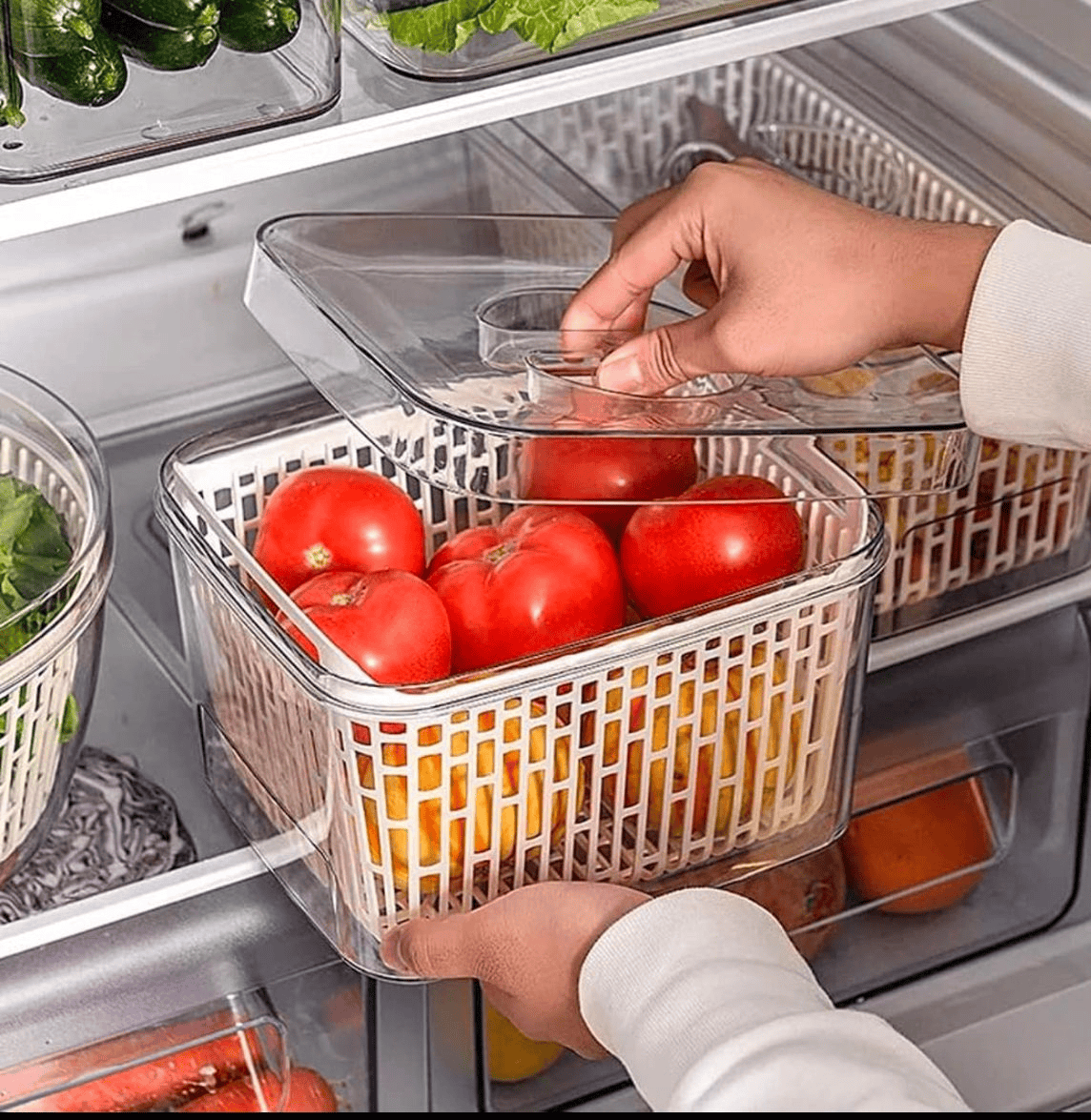 Refrigerator clear storage box with drain basket 23*19*14 cm