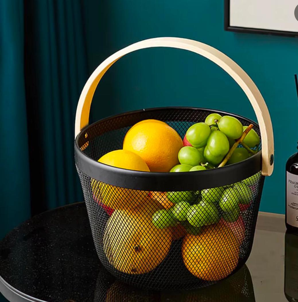 Multi-functional metal wire basket with wood handle
