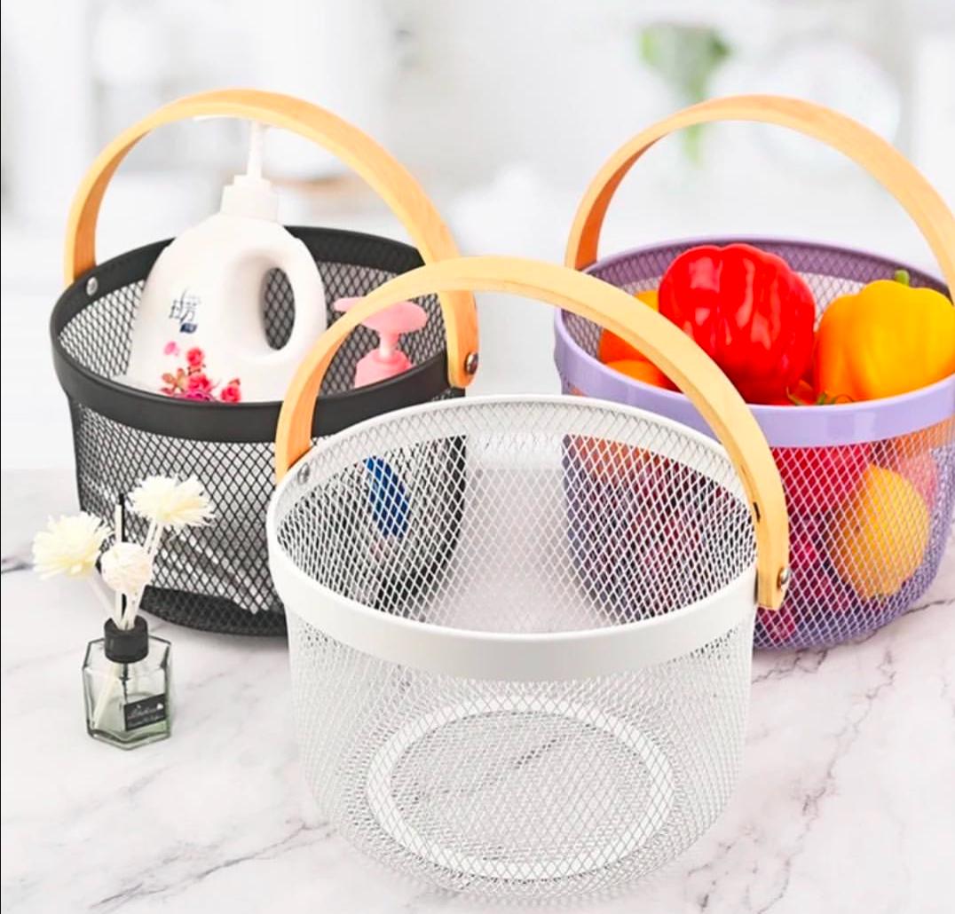 Multi-functional metal wire basket with wood handle