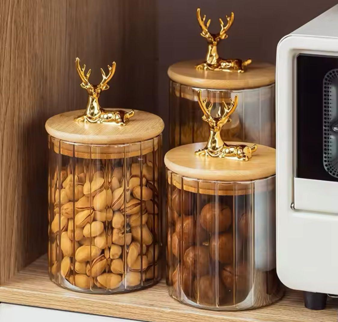 Glass storage jar with deer and bamboo wood lid 10cm /15cm /20cm