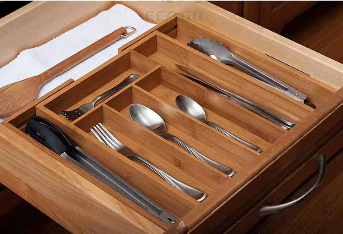 Bamboo expandable cutlery tray drawer organizer