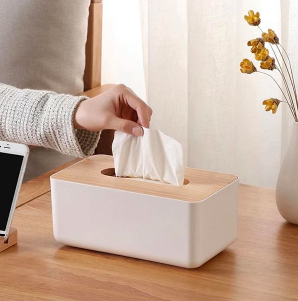 Tissue box with bamboo cover