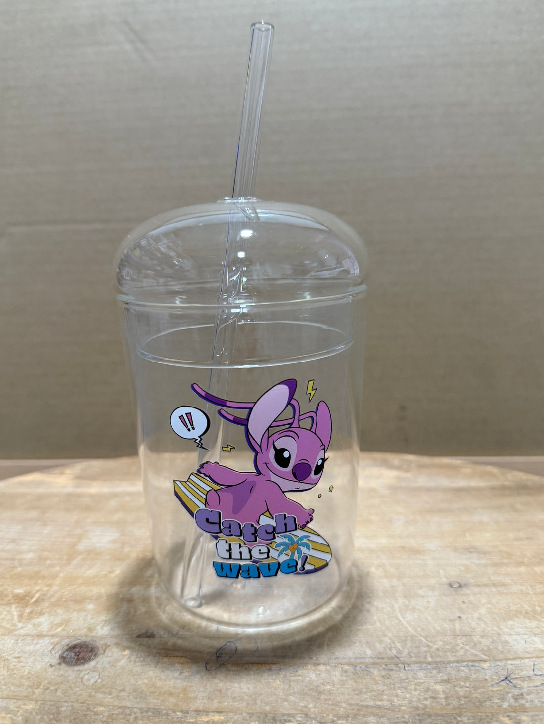 Full glass heat resistant mug with lid and straw, pink stitch print
