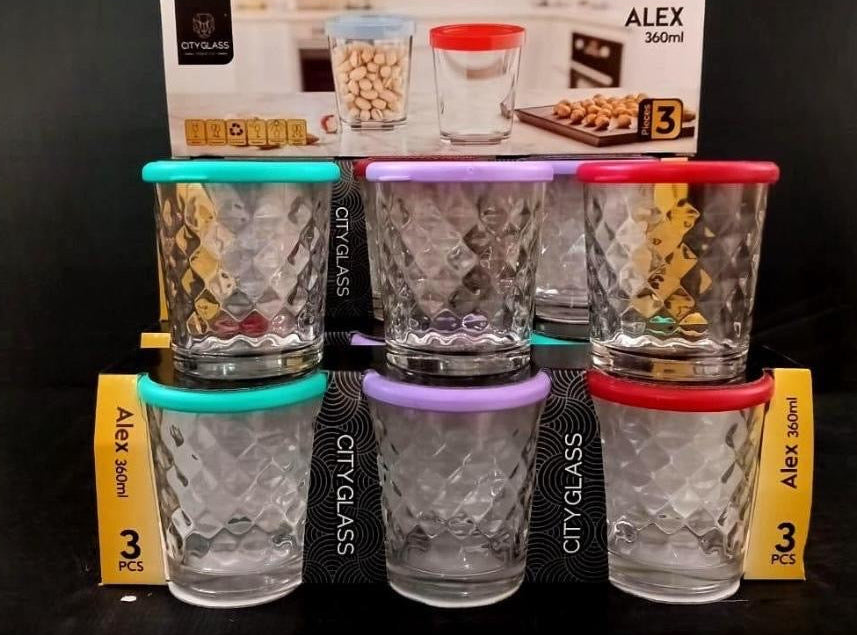 Glass storage jars 360ml with colorful lids ( set of 3)