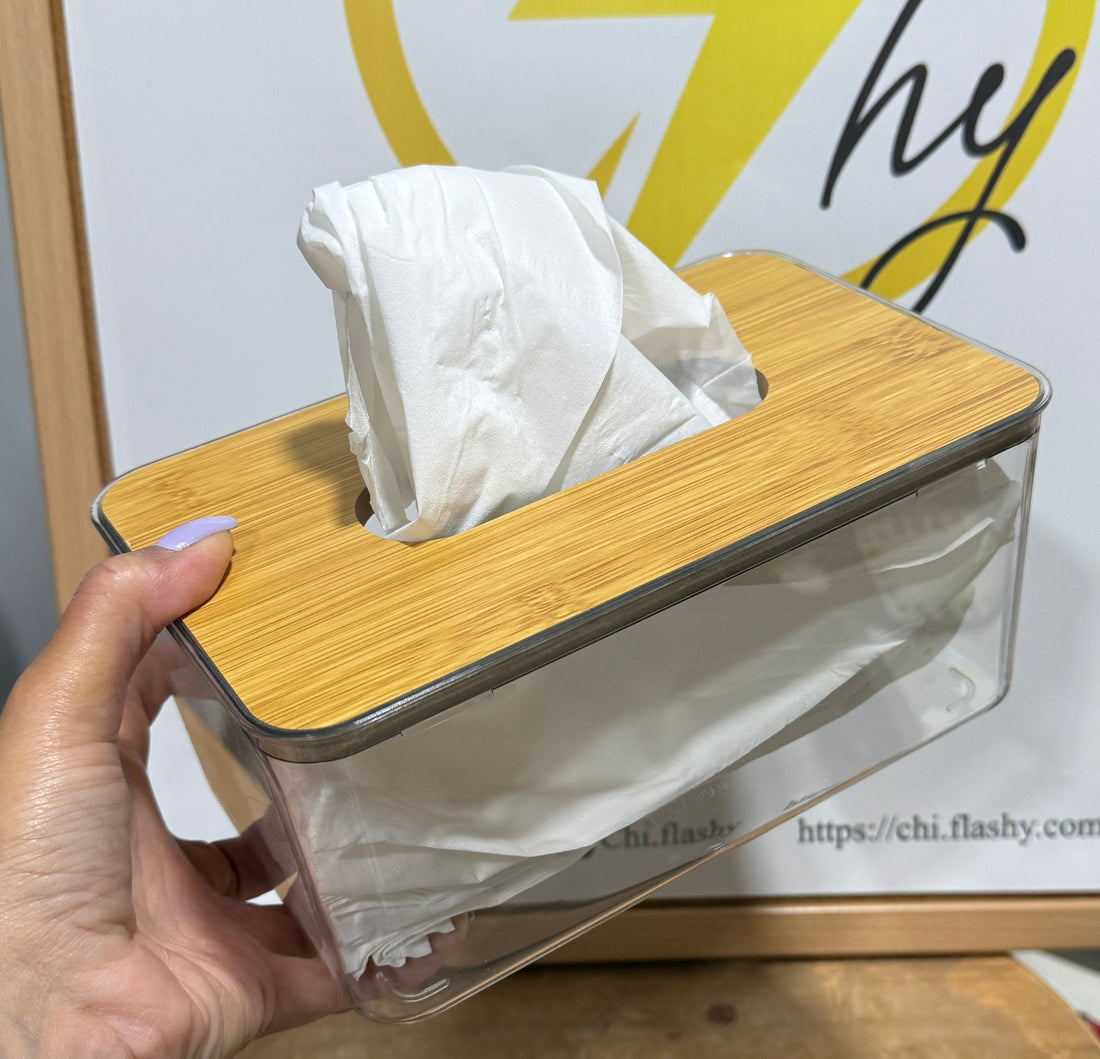 Transparent tissue box with bamboo lid 22.5*13.5*10cm