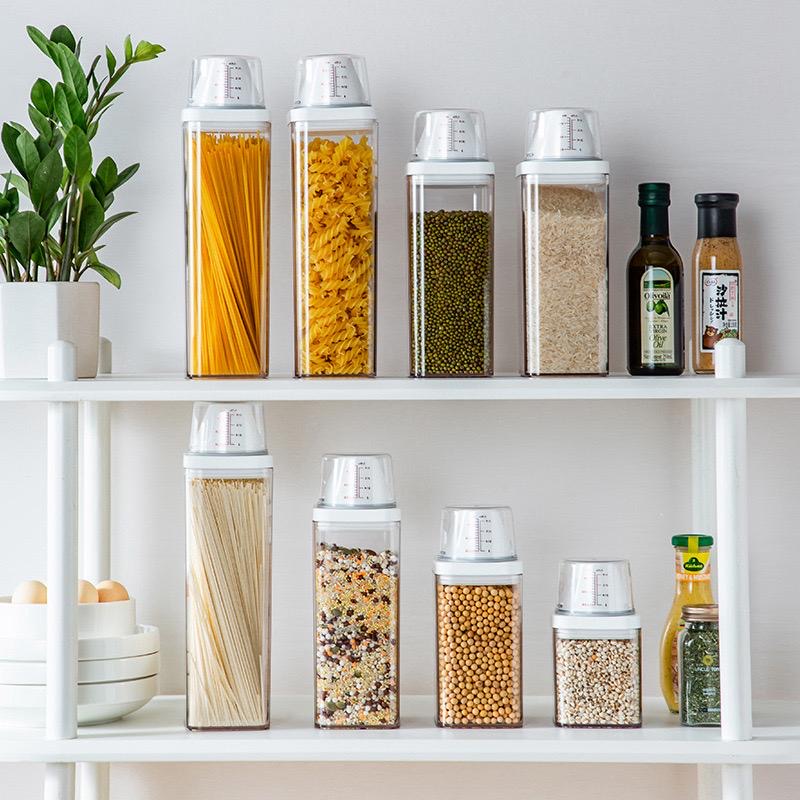 Square grain container with measuring cup