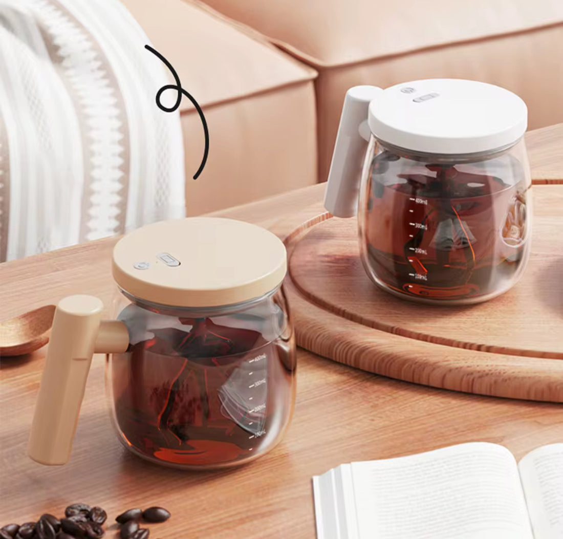 Potable electronic rechargeable self stirring glass coffee cup with wood print lid