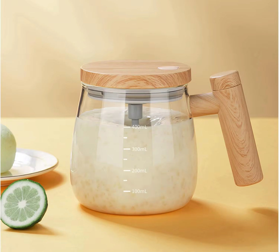 Potable electronic rechargeable self stirring glass coffee cup with wood print lid