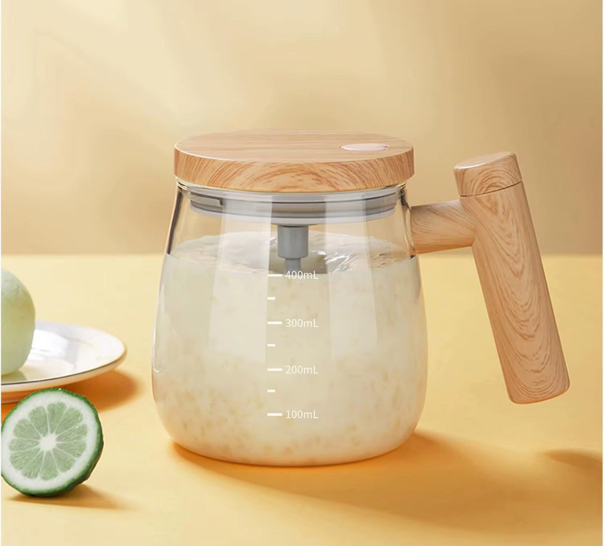 Potable electronic rechargeable self stirring glass coffee cup with wood print lid