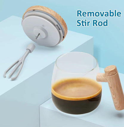 Potable electronic rechargeable self stirring glass coffee cup with wood print lid
