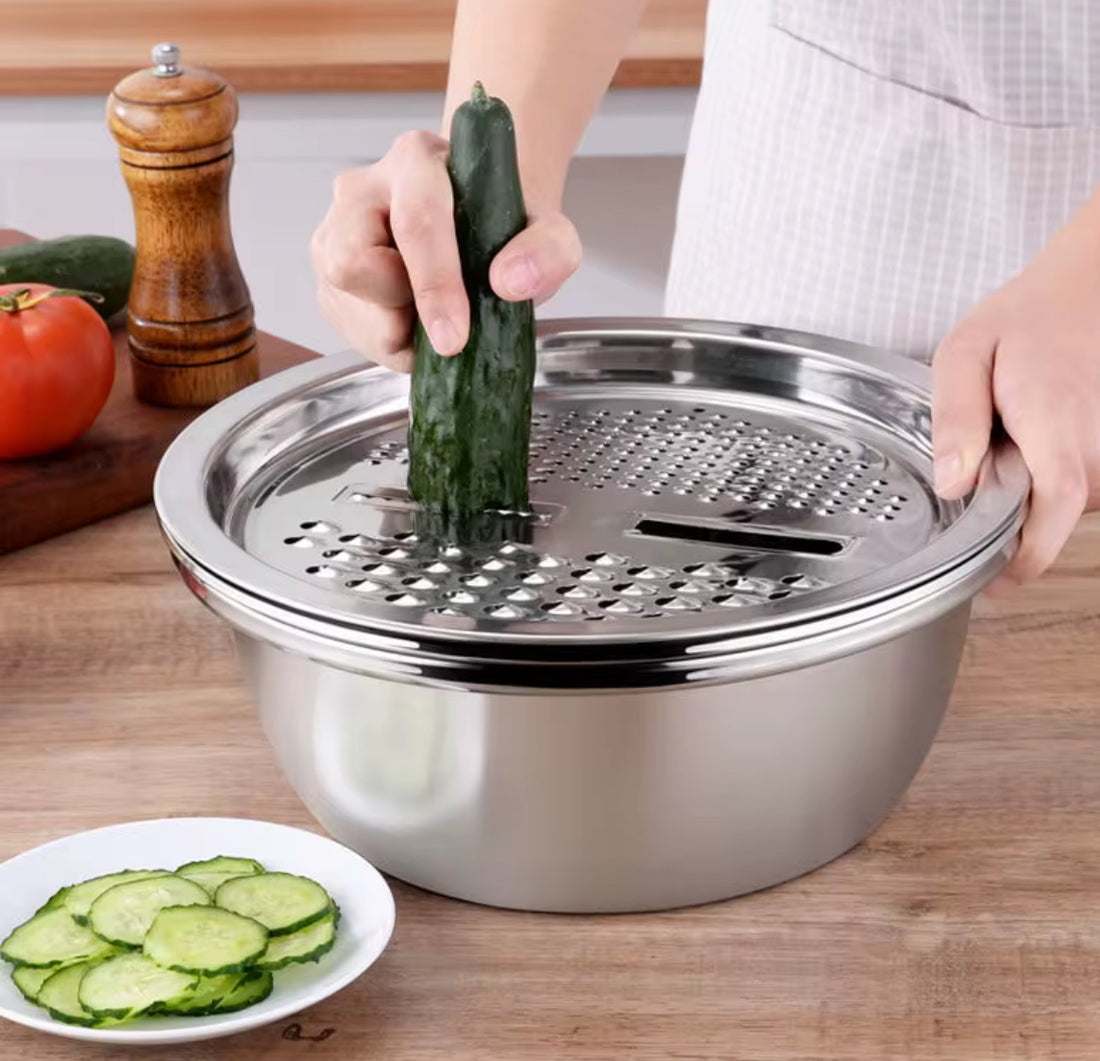 Stainless steel vegetable cutter with drain basket washing bowl 3 in 1