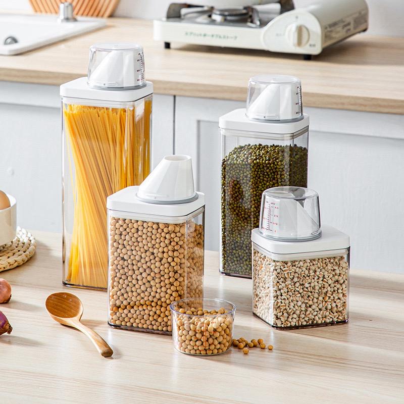 Square grain container with measuring cup