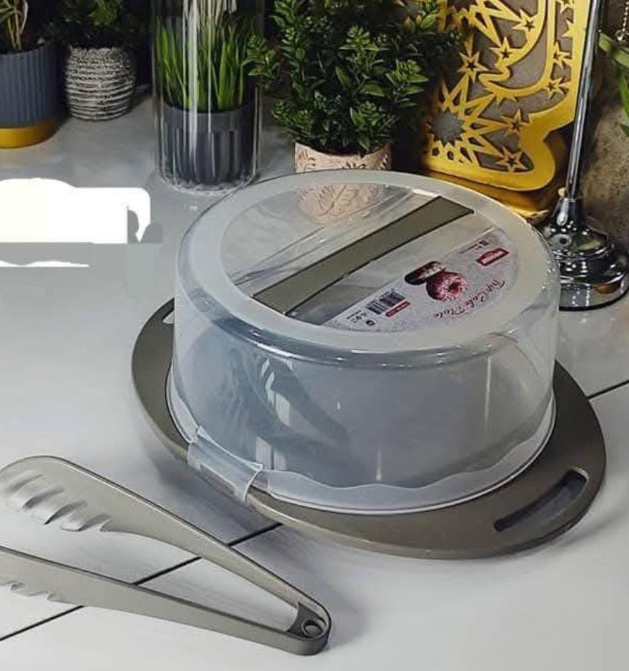 Round plastic cake carrier with handle and tong (25cm diameter)