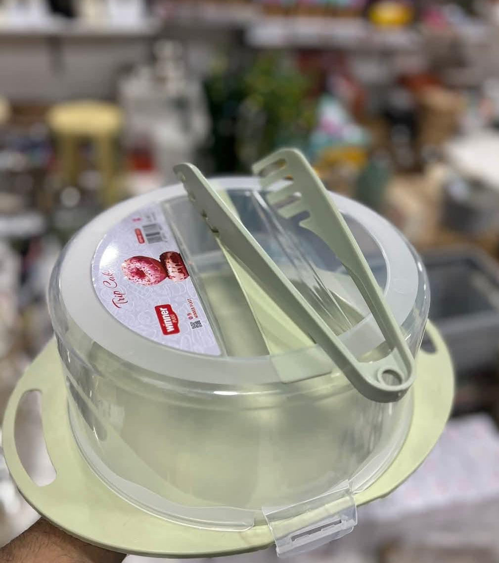 Round plastic cake carrier with handle and tong (25cm diameter)