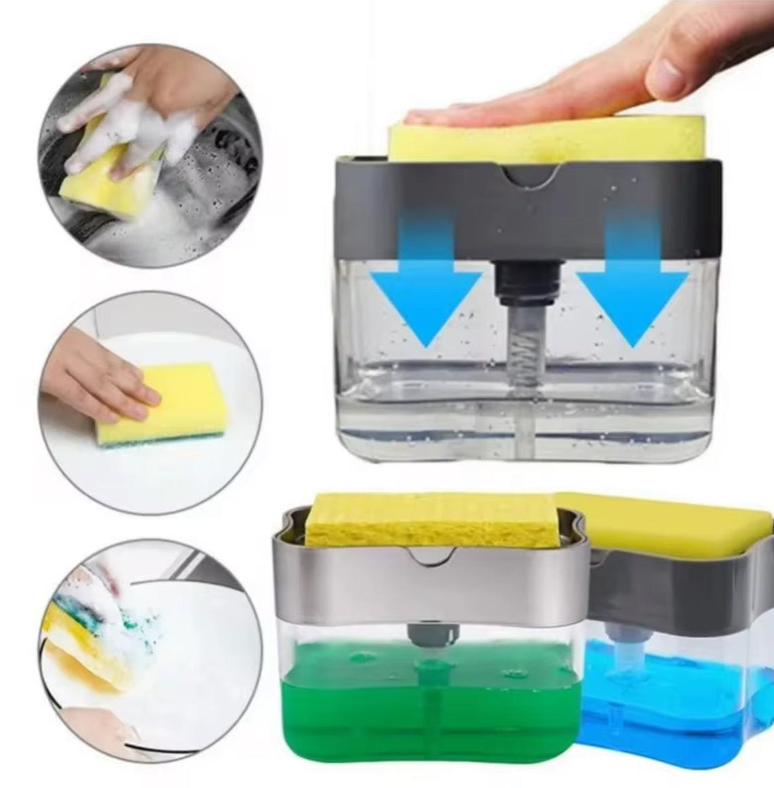 Dish soap box with sponge holder and hand press liquid dispenser