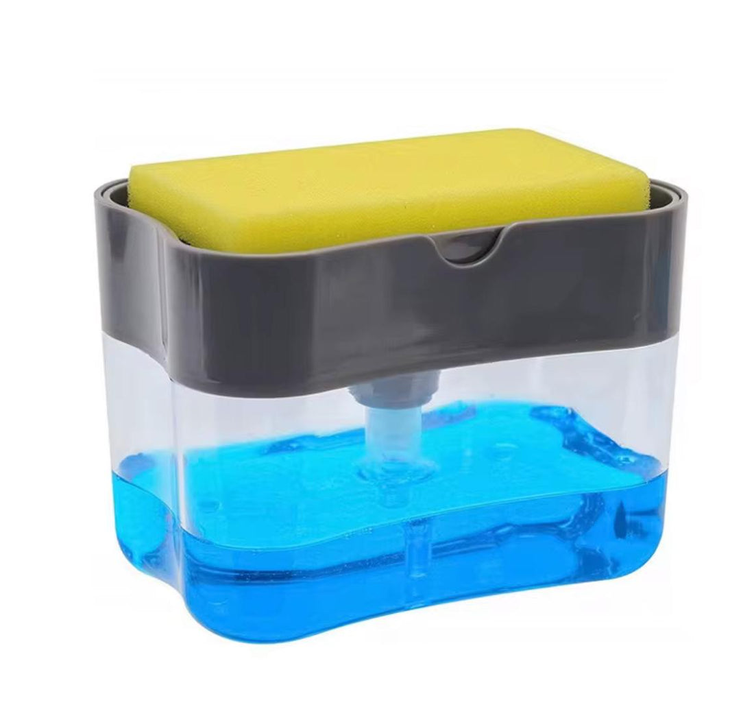 Dish soap box with sponge holder and hand press liquid dispenser