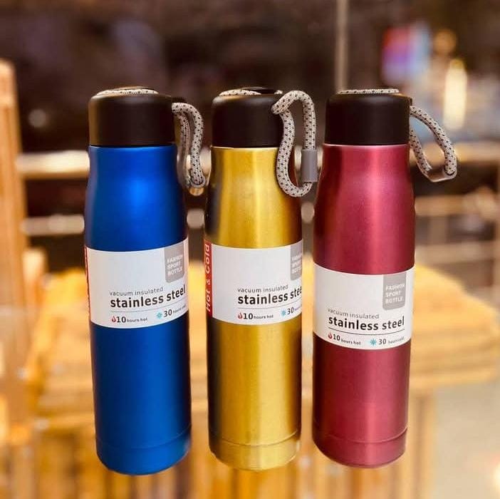 Double wall stainless steel water bottle vacuum flask with rope handle 550 ml