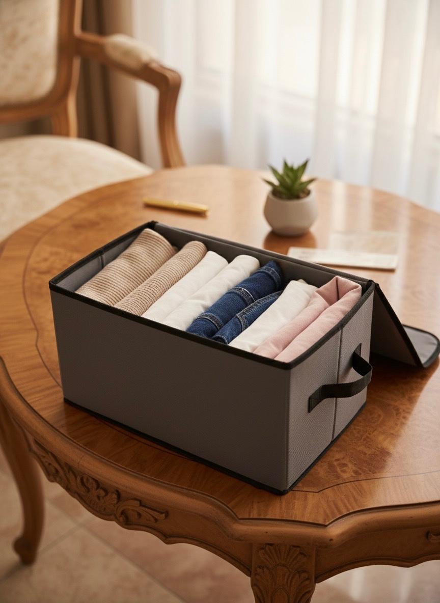 Fabric foldable divided and covered storage basket with handles 40*24*21cm