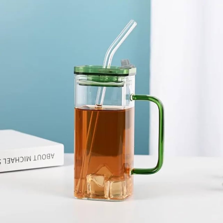 Heat resistant square glass cup with plastic lid and glass straw
