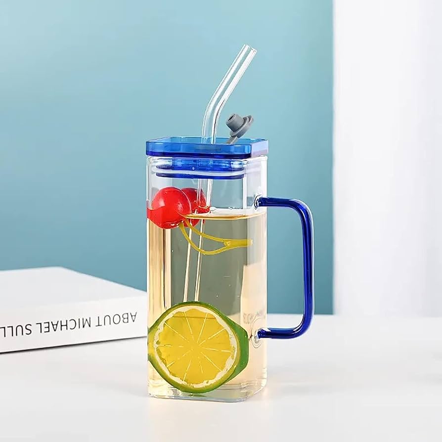Heat resistant square glass cup with plastic lid and glass straw