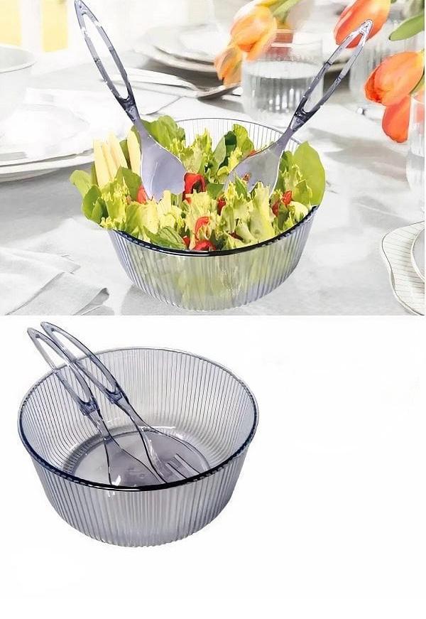 Plastic salad mixing bowl with fork and spoon