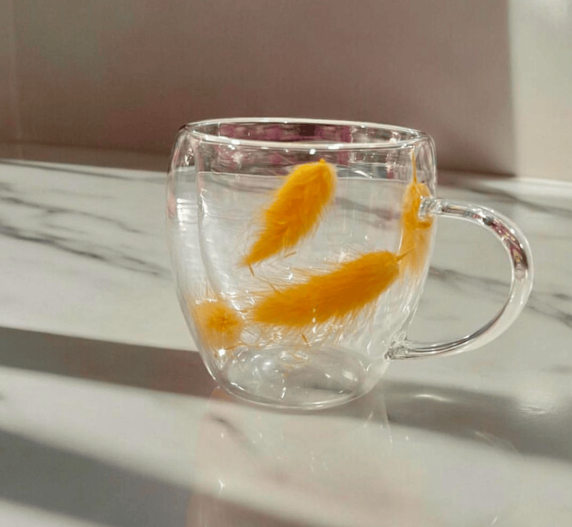 Double layer glass mug with dry flowers