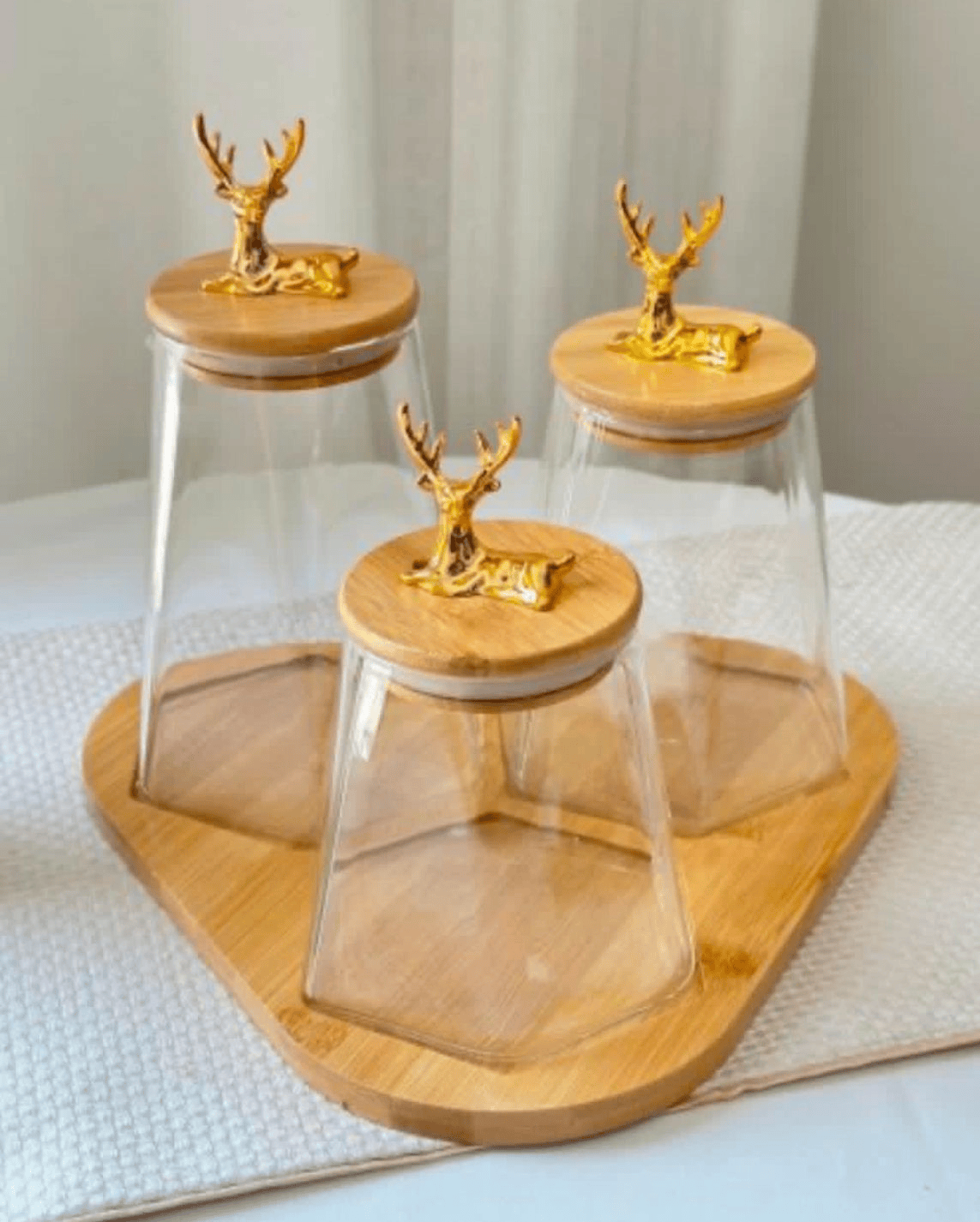 Set of 3 glass jars with wood lid and wood tray