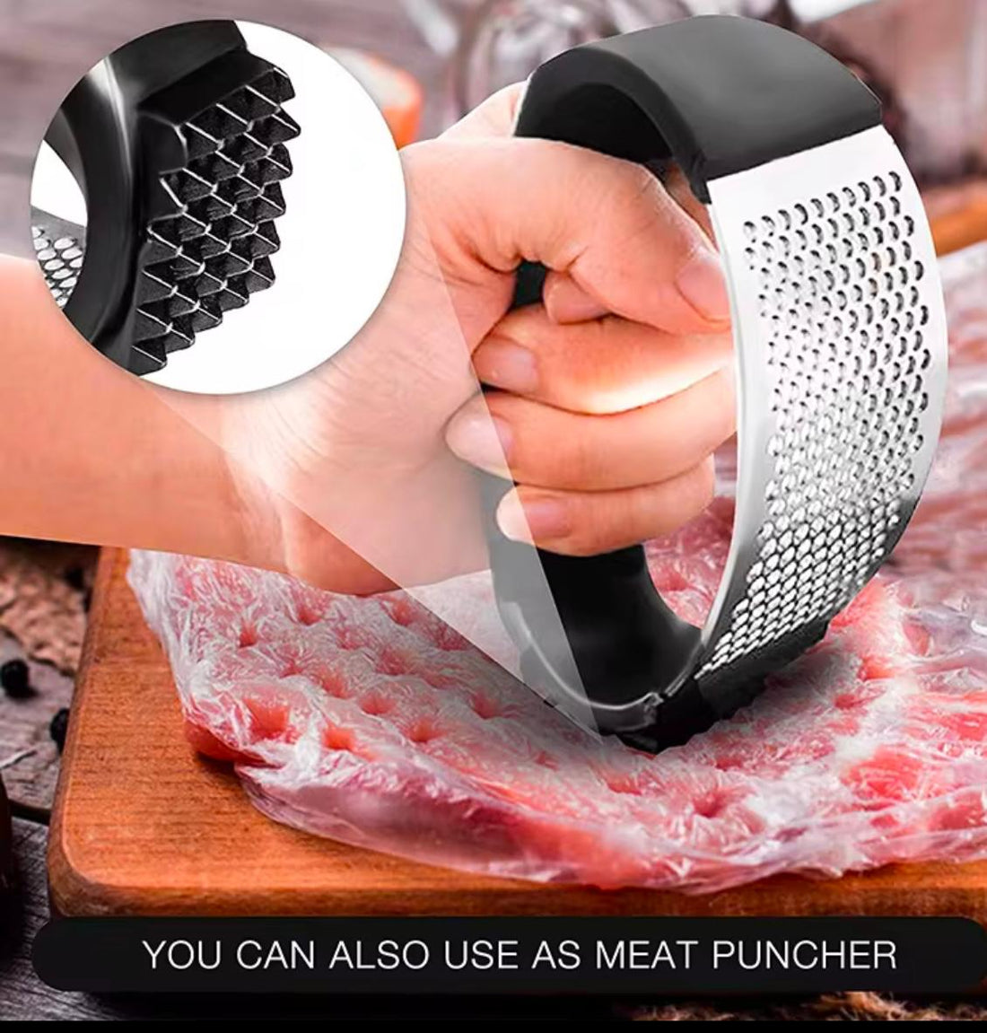 2 in 1 stainless steel garlic presser and meat puncher
