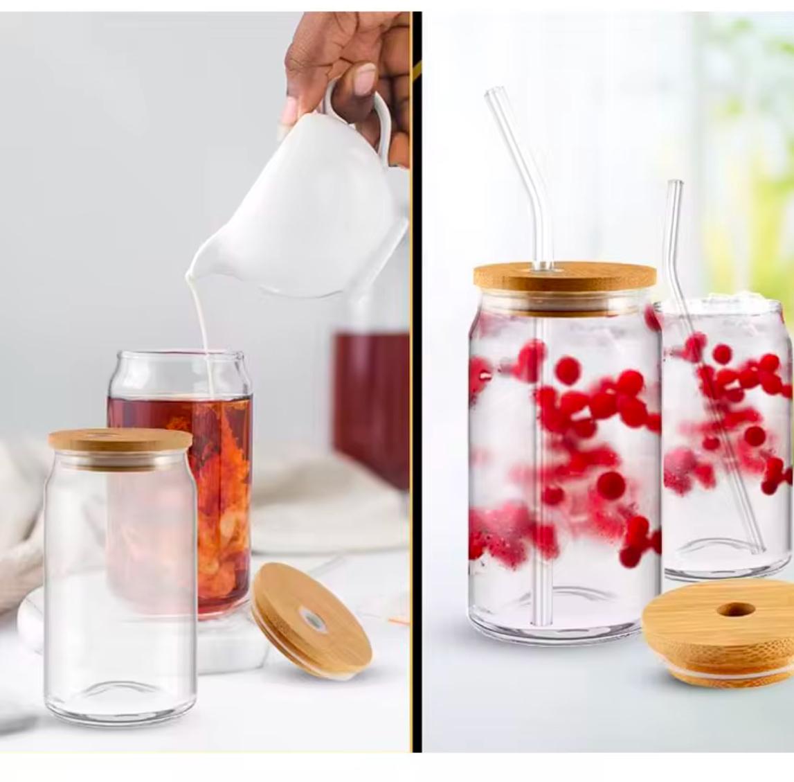 Can shape glass cup with bamboo lid and glass straw