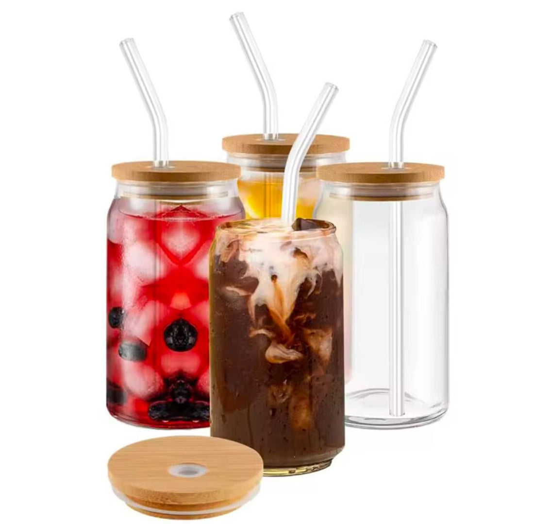Can shape glass cup with bamboo lid and glass straw