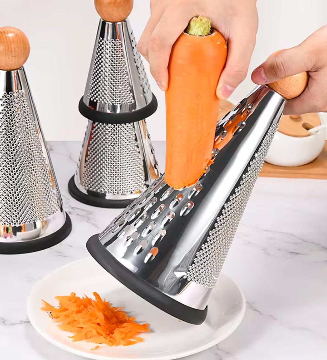 Conical stainless steel grater with wood handle