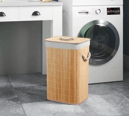 Foldable bamboo laundry basket with lid