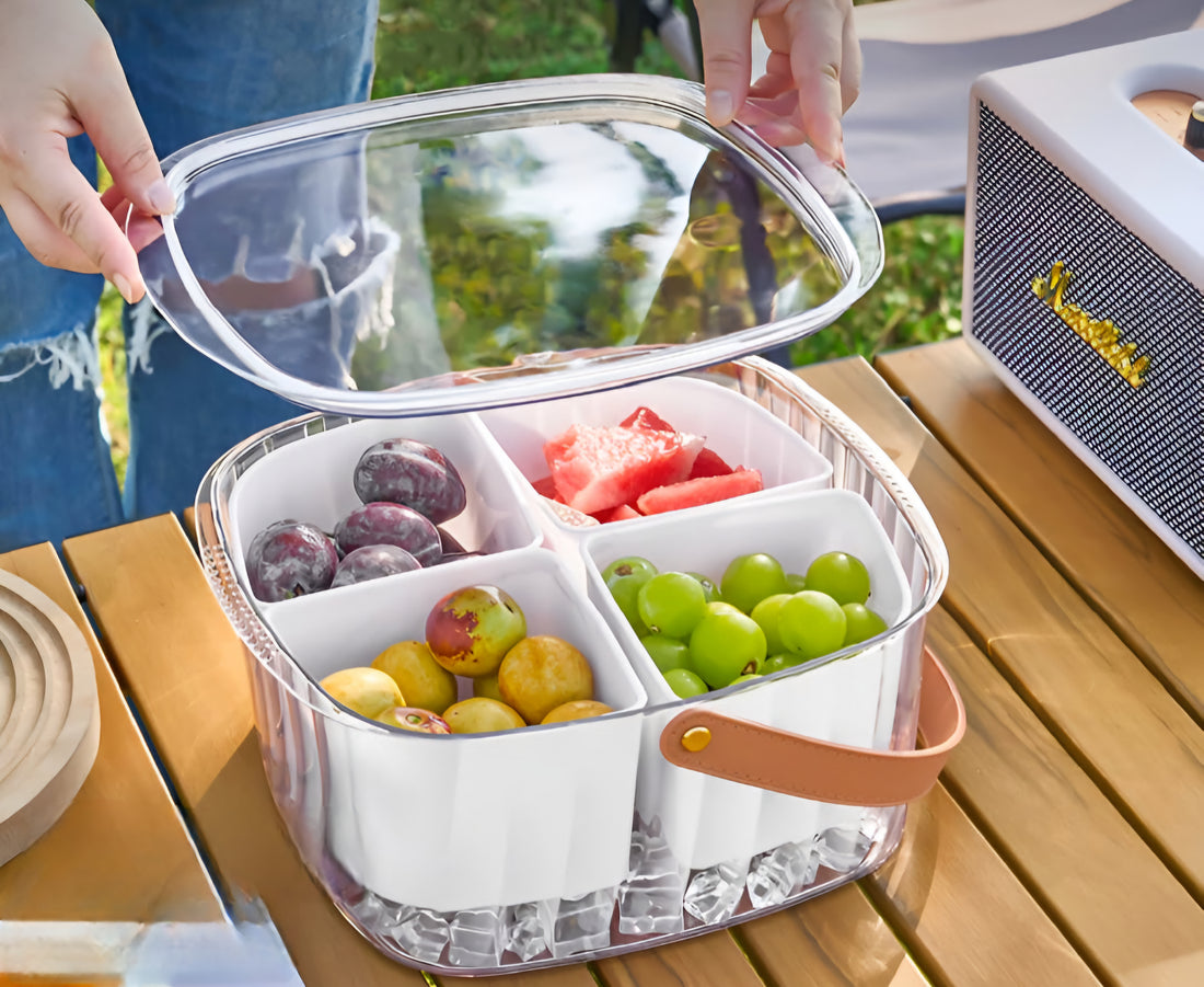 Square acrylic snack box 4 compartments with leather handle 21*21cm