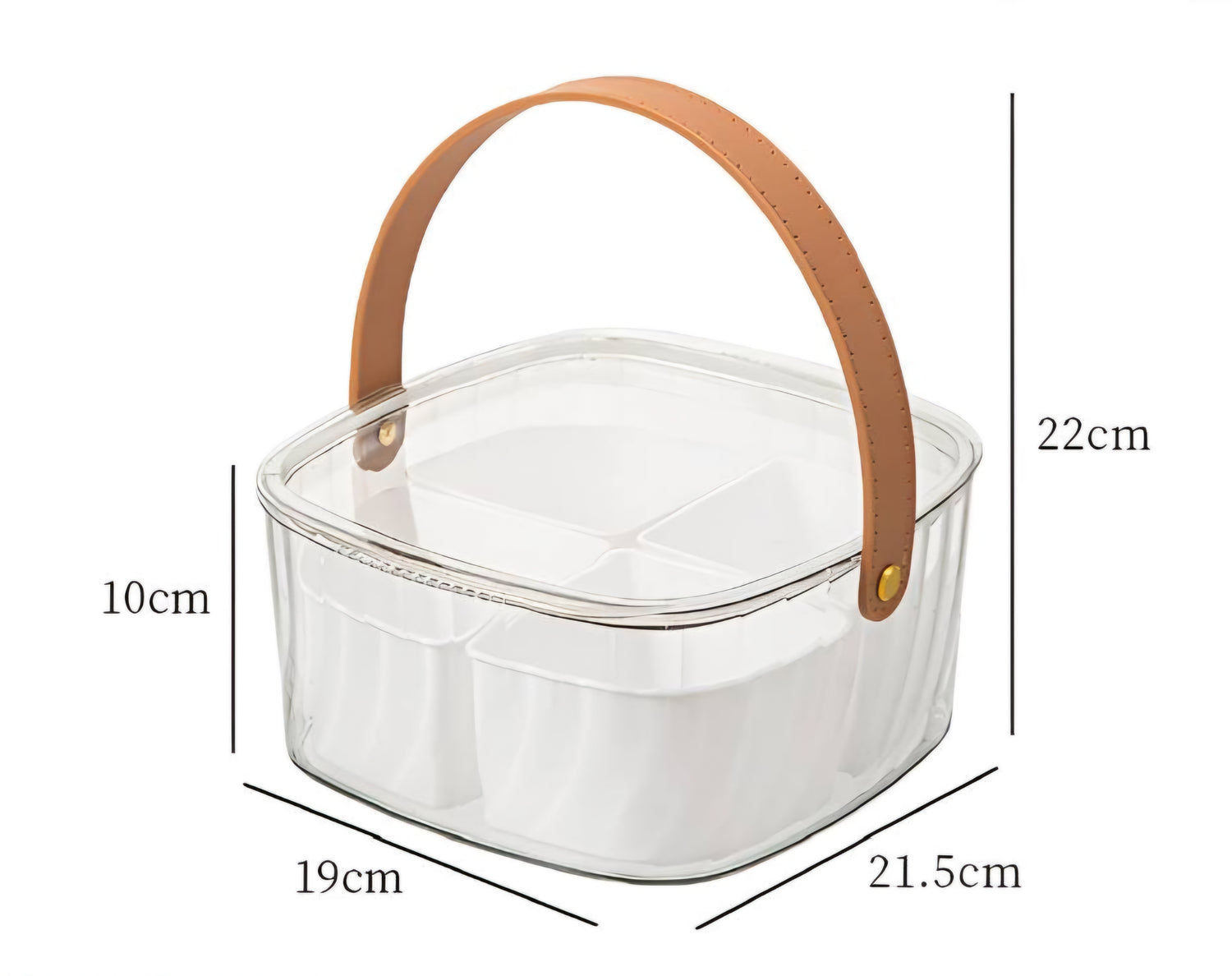 Square acrylic snack box 4 compartments with leather handle 21*21cm