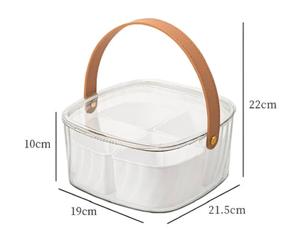Square acrylic snack box 4 compartments with leather handle 21*21cm