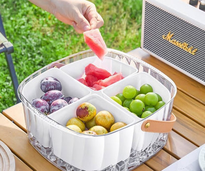 Square acrylic snack box 4 compartments with leather handle 21*21cm