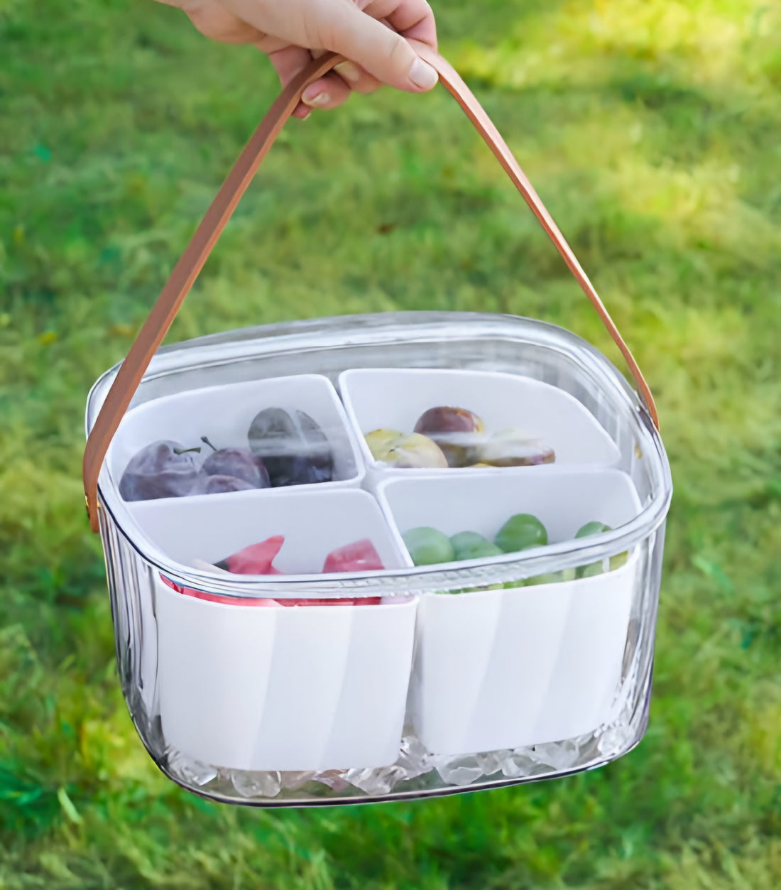 Square acrylic snack box 4 compartments with leather handle 21*21cm